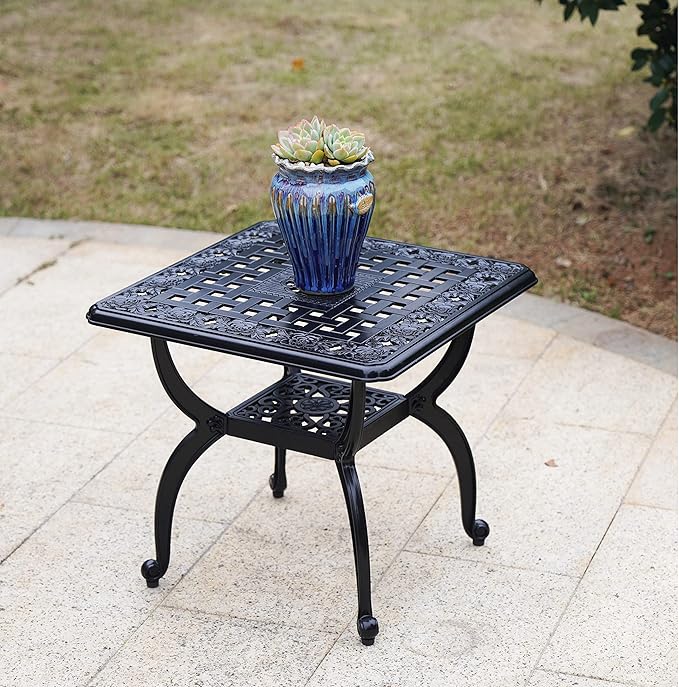 Mandolin Outdoor Patio,Rust -Resistant Cast Aluminum Side Table,Weather Resistant End Table，Coffee Table， Perfect for Patio, Backyard Or Garden. W 20.8" X H18.5(Aluminum Square, Black)