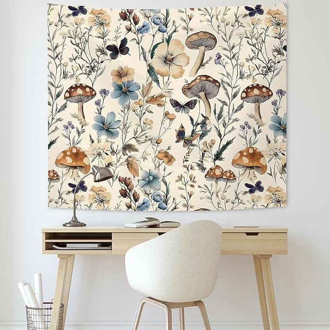 KAIOUS Floral Mushroom Tapestry, Vintage Floral Mushroom Flower Tapestry Wall Hanging Art Aesthetic Decor for Girls Bedroom Living Room Dorm Bed Women 50x58 Inches