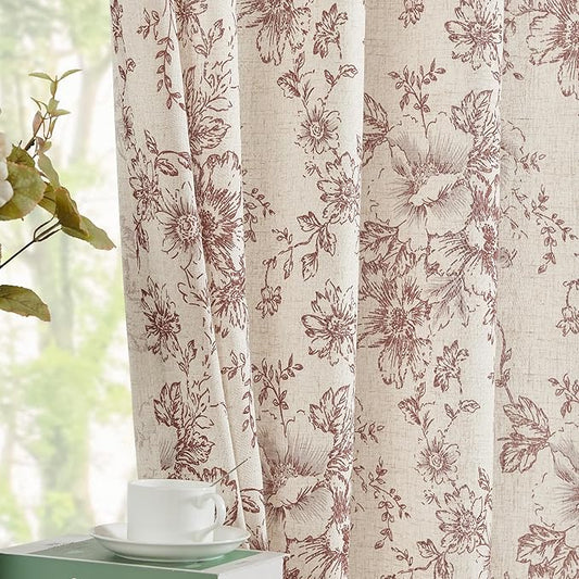jinchan Linen Blend Curtain Floral Curtains for Living Room 63 Inch Length Brick Red Printed Curtain Rod Pocket Back Tab Farmhouse Peony Flower Patterned Drapes Bedroom Window Curtains Set 2 Panels
