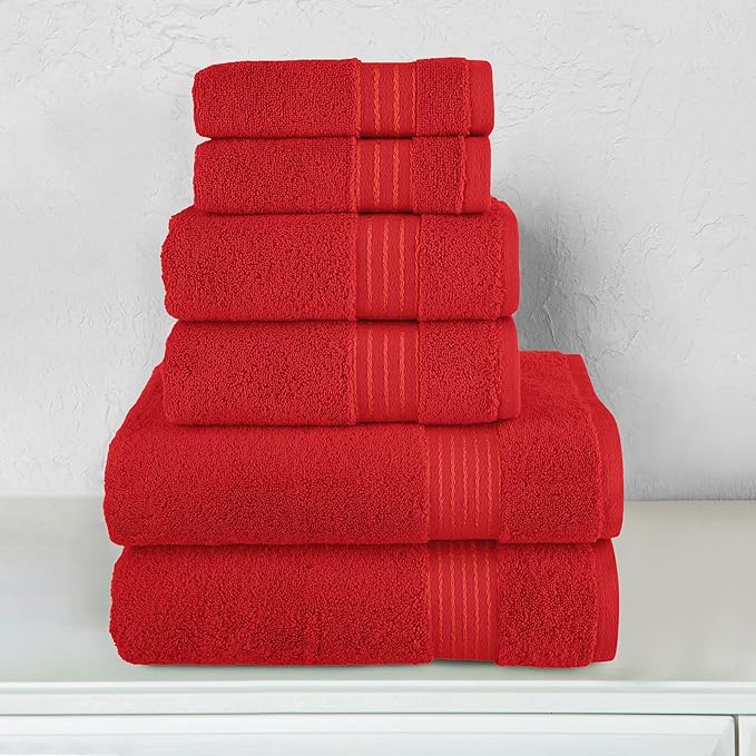 Elegant Comfort Premium Cotton 6-Piece Towel Set, Includes 2 Washcloths, 2 Hand Towels and 2 Bath Towels, 100% Turkish Cotton - Highly Absorbent and Super Soft Towels for Bathroom, Red