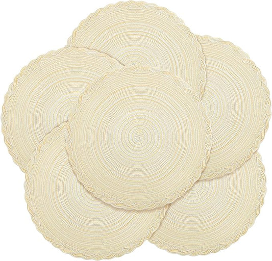 fanquare Beige Round Braided Placemats with Woven Lace Edge, 15 Inch Farmhouse Style Placemat for Table Decor, Heat Resistant Durable Table Mats