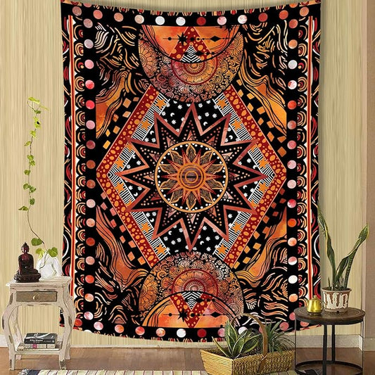 Fowocu Orange Sun and Moon Tapestry Wall Hanging, Indie Hippie Mandala Cool Wall Tapestries, Aesthetic Tapestry for Bedroom Living Room Dorm (Orange, 70.8'' × 90.5'')