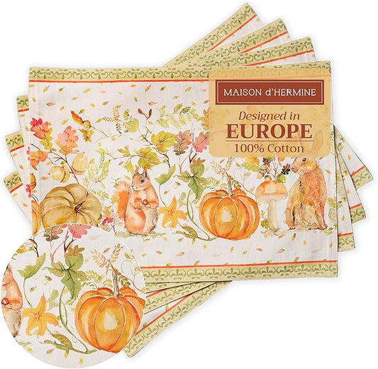 Maison d' Hermine Placemats Set of 4 100% Cotton Washable Cloth Place Mats, Reusable Table Mats for Kitchen Dining Decoration, Party, Wedding, Restaurant (Pumpkin Passion, 13" x 19")