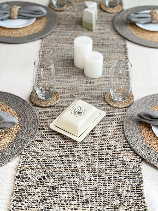 Chardin home Natural Jute Table Runner 13x108 Inch – Vintage Boho Rustic Table Decor – Handwoven Jute Table Runner in Natural and Grey – Farmhouse Dining or Console Table Accent