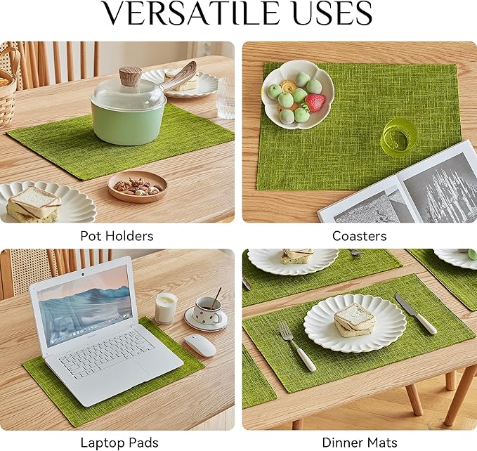 Softalker Faux Linen Placemats Set of 8-12 x 18 Inch, Heat Resistant Double Layered Durable Burlap Farmhouse Place Mats, Non-Slip Washable Rustic Table Mats for Dining, Kitchen, Party（Lime Green