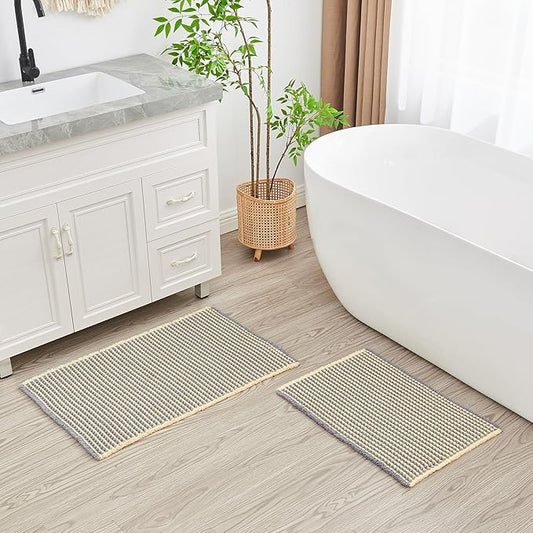 Douceur Waffle Bath mat for Bathroom Floor Non Slip, Super Soft Acrylic Blend Bath Rugs with Tassels, Quick Dry Bathroom Rugs Machine Washable, 16" x 24", Grey&Yellow