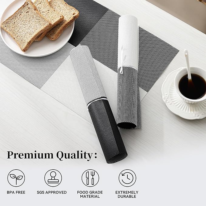 Leetaltree Gray with White Grid Pattern Placemats Set of 6 - Heat Resistant Non-Slip Place mats for Dining Table, Washable Durable PVC Vinyl Woven Table Mats（Grey Grid, 6）