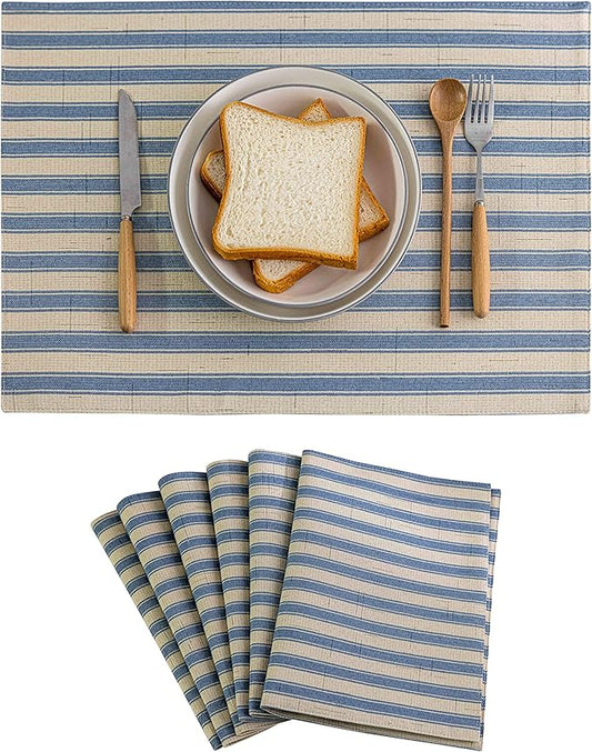 Home Brilliant Placemats Set of 6 Heat Resistant Dining Table Place Mats for Kitchen Table Non Slip Easy to Clean Wipeable Washable Place Mats, 13 x 19 inches, Stripes, Dusk Blue