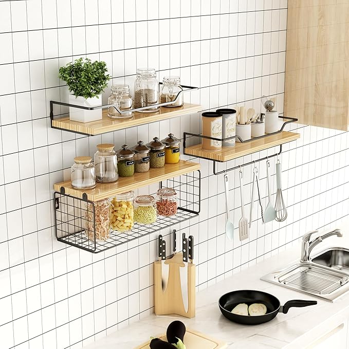 Floating Shelves Wall Mounted,Wood Bathroom Shelf Over Toilet with Paper Storage Basket, Wall Decor Farmhouse Floating Shelf for Bedroom, Living Room, Kitchen,Office (Light Rustic)