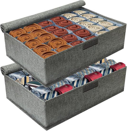 PINGMIC Gray Sock Organizer Divider 2 Pack with Lid - 30 Cell Foldable Closet Storage, Tie Organizer For Men Boxes for Socks, Ties, Belts 0