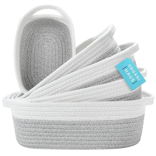OrganiHaus Set of 5 Rectangle Bathroom Storage Baskets for Organizing, Small Woven Baskets for Storage Basket for Bathroom, Nursery Storage Basket for Baby Nursery Organization, Cute Bins, Gray/White