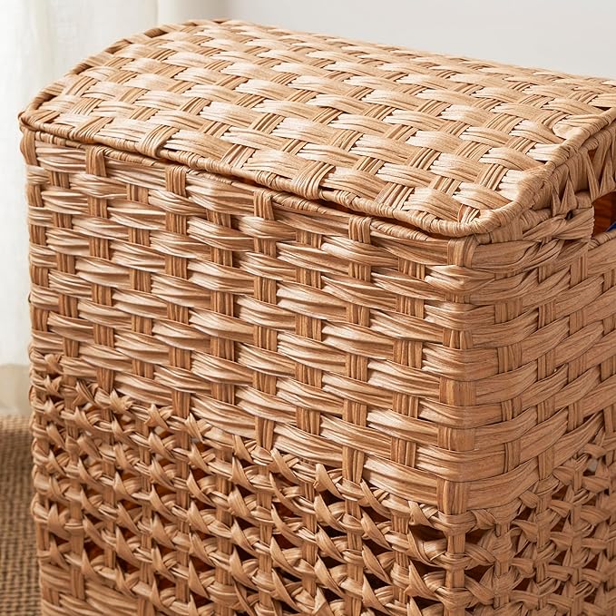 Apostle Rectangular Woven Laundry Hamper with Lid - Spacious Wicker Basket for Clothes Storage (Natural Brown, 18.5x14.6x24 in)