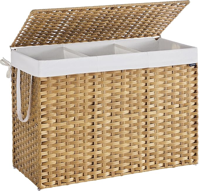 SONGMICS Laundry Hamper with Lid, 52.8 Gallon (200 L) Synthetic Rattan Clothes Laundry Basket with Lid and Handles, Foldable, Removable Liner, Goose Yellow ULCB320Y01