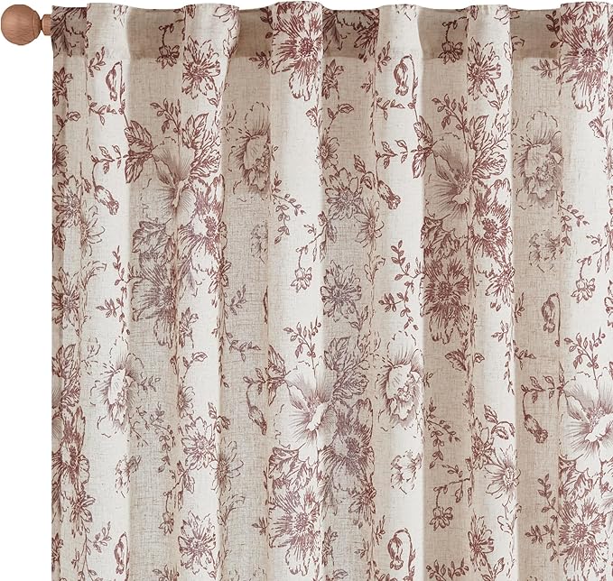 jinchan Linen Blend Curtain Floral Curtains for Living Room 63 Inch Length Brick Red Printed Curtain Rod Pocket Back Tab Farmhouse Peony Flower Patterned Drapes Bedroom Window Curtains Set 2 Panels