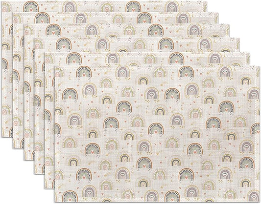 Boho Rainbow Placemats Set of 6,Washable Heat Resistant 12×18 Inch Linen Table Mats Cute Place Mats for Party Outdoor Dining Décor