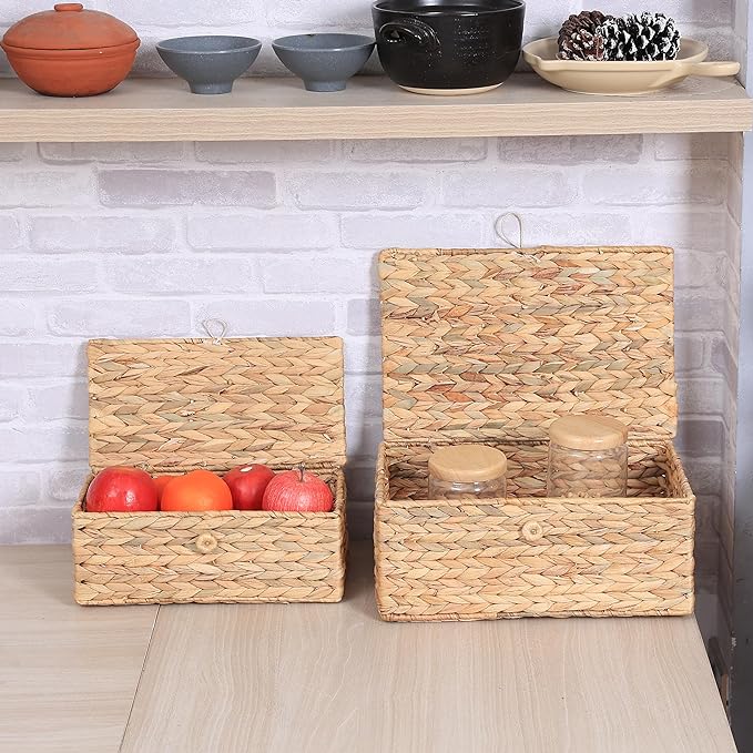Set of 2 Rectangular Wicker Storage Bins with Lid, Multipurpose Organizer Rattan Display Boxes for Shelf Organizer, Boho Wicker Box for Home Decoration