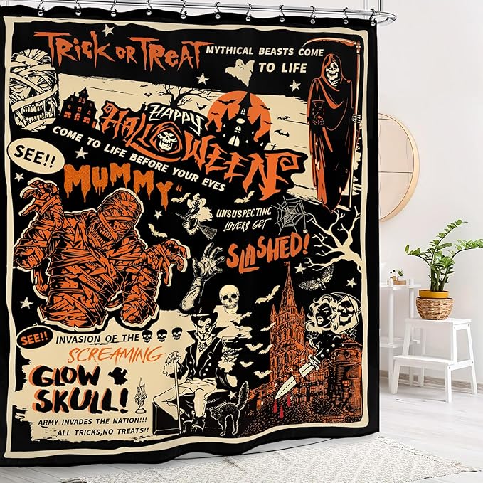 Halloween Horror Scary Shower Curtain 60Wx72L Inch Mummy Skull Spooky Trick Or Treat Vintage Gothic Retro Holiday Bathroom Set Accessories Decor with 12 Pack Hooks