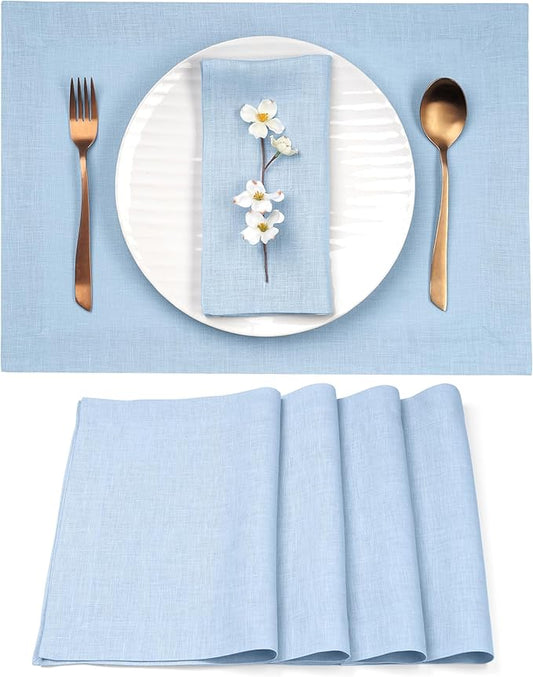D'Moksha Homes Linen Placemats 14 x 19 Inch - Powder Blue Placemats Set of 4-100% Pure Linen Table Place Mats for Summer - Handcrafted and Machine Washable