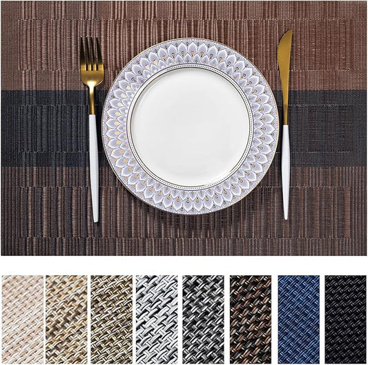 LEXMORE Placemats Set of 6 Vinyl/Plastic Woven Place Mats for Kitchen Table Indoor/Outdoor Washable Placemat Wipeable Dining Table Mats(Ombre Brown Black)