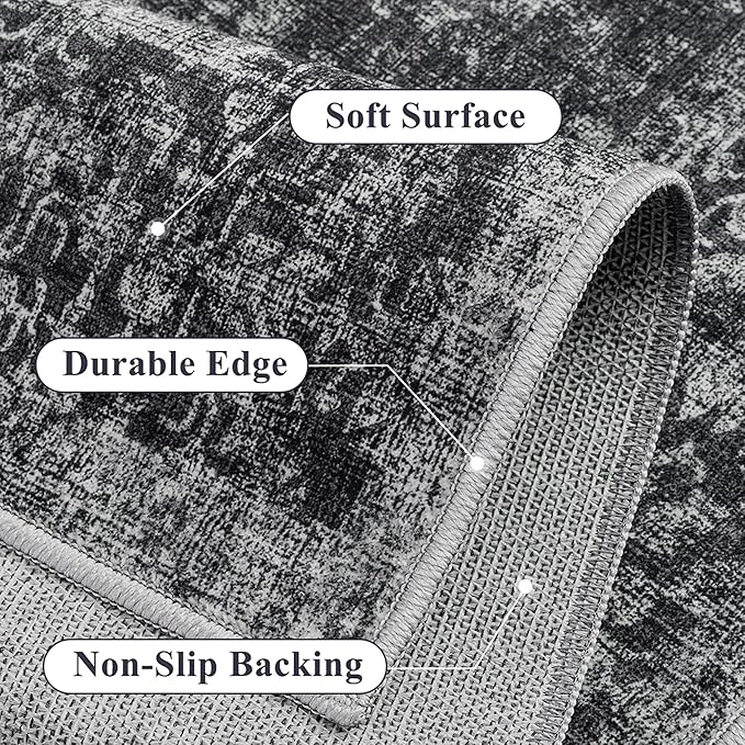 Dark Black Area Rug 4x6 Office Entryway Rug Machine Washable Kitchen Vintage Distressed Non Slip Carpet Indoor Retro Floral Accent Throw Door Mat for Bathroom Bedroom Dining Living Room