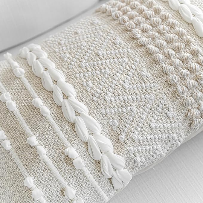 Decorative Lumbar Pillow Cover 14x24, Cream White Boho Accent Throw Pillow Case for Couch Sofa Bed, Modern Farmhouse Textured Lumbar Cushion Bedroom Living Room, Cover ONLY
