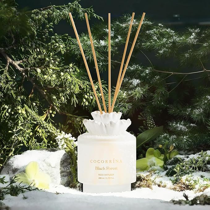 Cocorrina Gypsum Flower Reed Diffuser Set for Bathroom Décor – Black Forest Scent, 6.76 oz with Sticks & Oil – Home Fragrance for Bathroom & Living Space