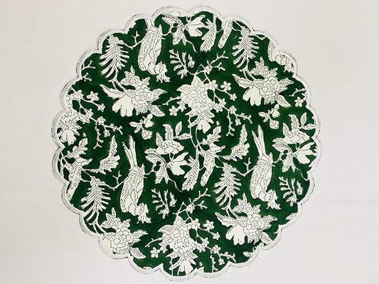 Ridhi Riffle Green Bo-ho Round Place Mat Double Layer Floral Cotton Washable Placemats 15" Round Embroidery Block Print Table Mat Pack of 4-15 Inch Round