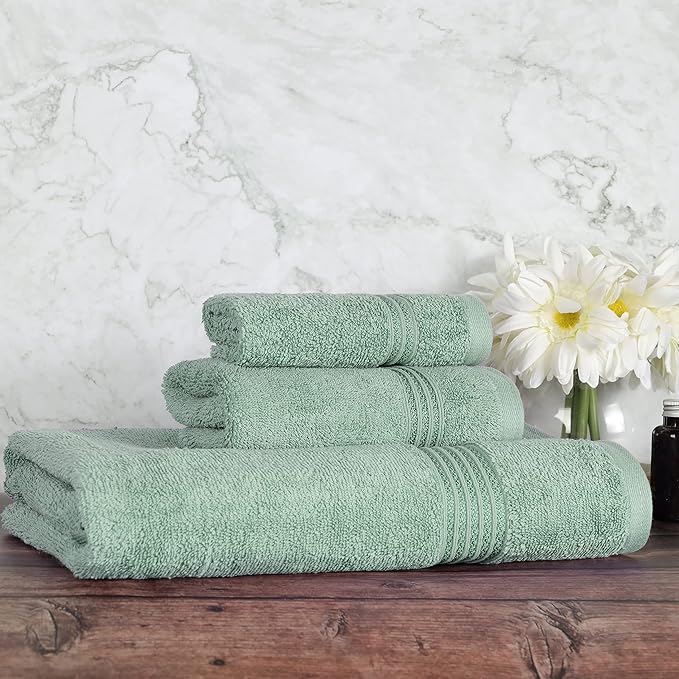 Superior Egyptian Cotton 3-Piece Towel Set, Basic Towels For Bathroom, Home Decor, Guest Bath, Shower, Apartment, Included 1 Face, 1 Hand, 1 Bath Towel, Washcloth, Quick Dry, Sage