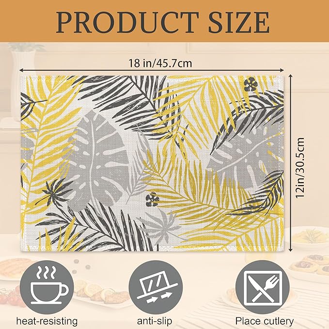 Yellow Gray Leaves Placemats Set of 6,Washable Heat Resistant 12×18 Inch Linen Table Mats Summer Floral Place Mats for Party Outdoor Dining Décor