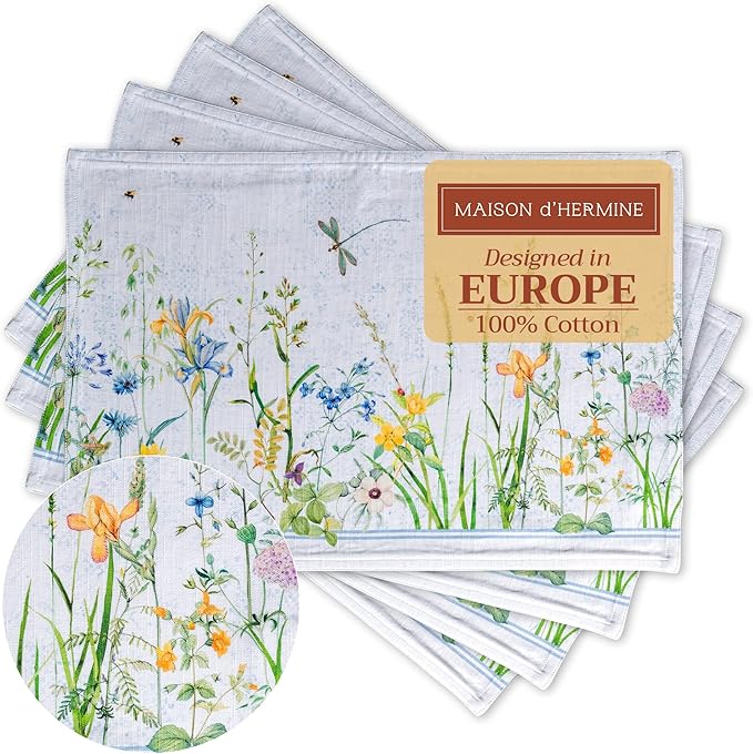 Maison d' Hermine Placemats Set of 4 100% Cotton Washable Cloth Place Mats, Reusable Table Mats for Kitchen Dining Decoration, Party, Wedding, Restaurant Spring/Summer (Fleurs De Mai, 13" x 19")