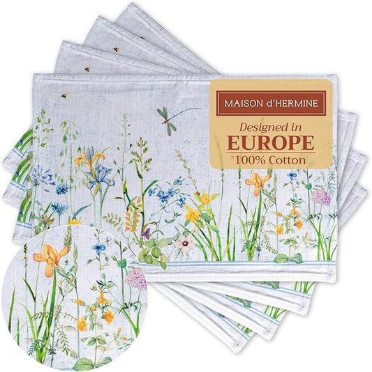 Maison d' Hermine Placemats Set of 4 100% Cotton Washable Cloth Place Mats, Reusable Table Mats for Kitchen Dining Decoration, Party, Wedding, Restaurant Spring/Summer (Fleurs De Mai, 13" x 19")