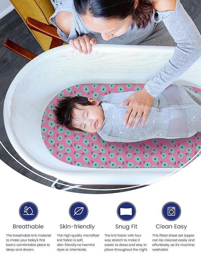 TotAha Premium Stretchy Bassinet Cradle Sheets (2-Pack) -Hypoallergenic, Silky Comfort, Buttery Soft, Calming Effect, All-Season Jersey-Knit Sheets,32 X 16 X 3''(Colorful Flora & Blue Flowers)