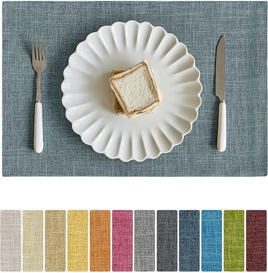 Softalker Faux Linen Placemats Set of 8-12 x 18 Inch, Heat Resistant Double Layered Durable Burlap Farmhouse Place Mats, Non-Slip Washable Rustic Table Mats for Dining, Kitchen, Party（Light Blue