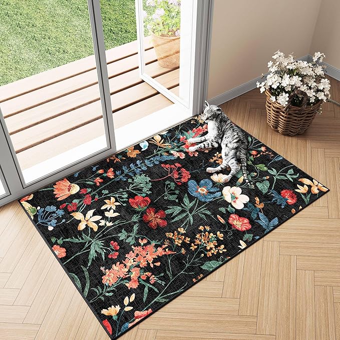 Black Area Rug 2x3 Entryway Floral Boho Door Mat Indoor Washable Kitchen Carpet Non Slip Bedroom Lightweight Low Pile Accent Rug for Bathroom Living Room Office Dining Room