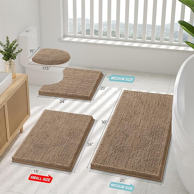 Smiry Luxury Chenille Bathroom Rugs 30x20, Extra Soft and Absorbent Shaggy Bath Mat, Machine Washable, Non-Slip Plush Carpet Runner for Tub, Shower, and Floor, Home Decor Accessories, Camel