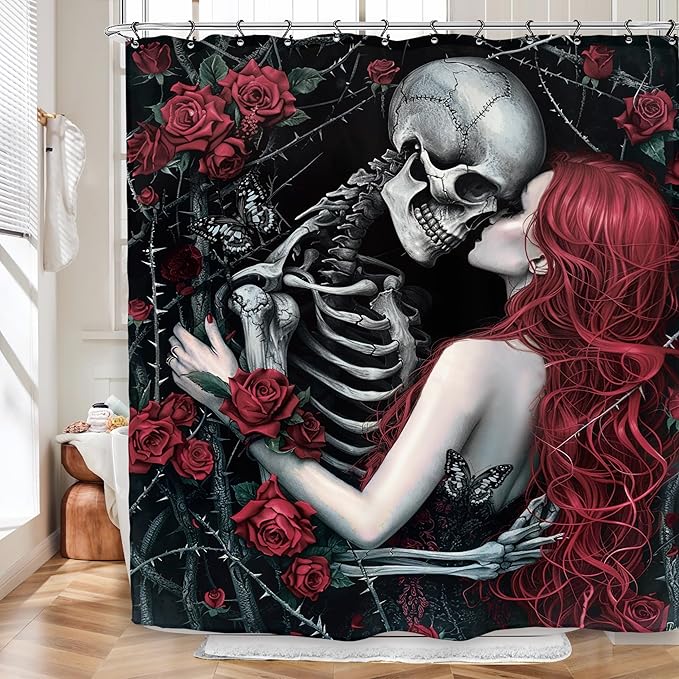Skull Rose Gothic Halloween Shower Curtain 60Wx72L Inch Skeleton Scary Horror Black Red Horror Spooky Flower Floral Holiday Bathroom Set Accessories Decor with 12 Pack Hooks