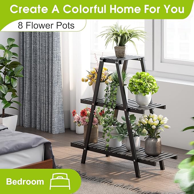 BMOSU Plant Stand Bamboo for Indoor Outdoor Tiered Plant Shelf 8 Potted Flower Holder Ladder Rack Garden Balcony Living Room Patio(3 Tier Black)