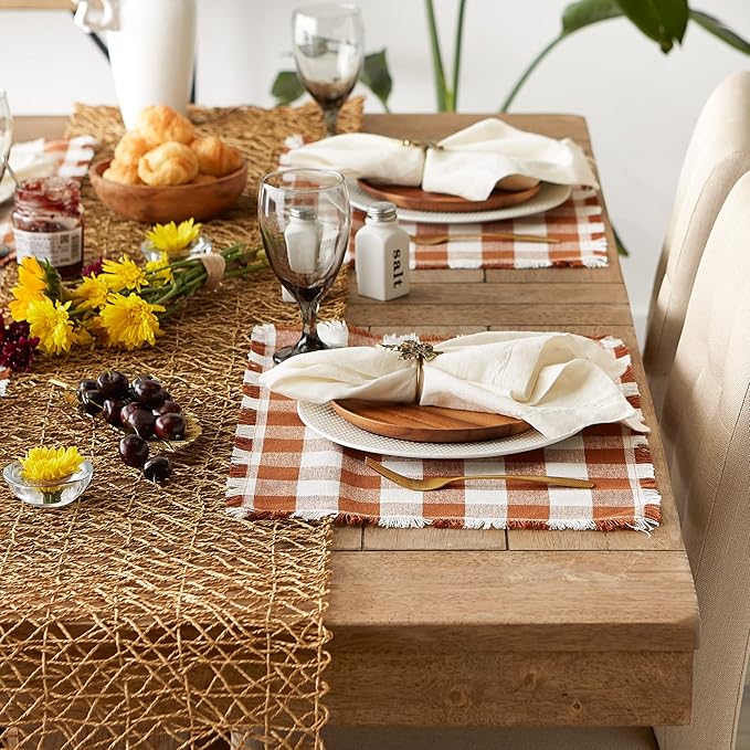 DII Heavyweight Fringed Check Tabletop Collection, Placemat Set, 13x19, Cinnamon, 6 Piece