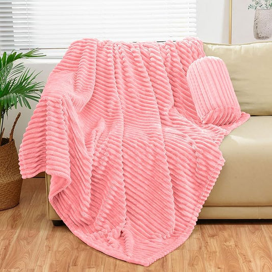 Bnuitland Light Pink Flannel Throw with Storage Pouch,300GSM Super Soft Fleece Stripe Pattern Sofa Blanket for Adults and Kids, Lightweight Cozy Bed Throw for Home Decor All Season