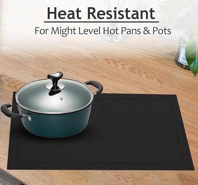 Ruvanti Linen Placemats Set of 6-13x19 Inch, Classic Hemstitch, Heat ‎Resistant Machine Washable Place Mats, Soft & Elegant- Perfect for Christmas, ‎Thanksgiving, Easter, Weddings, Dinner - Black