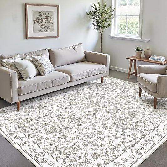 Floral Area Rug 5x7 Washable Taupe Carpet Non Slip Large Boho Thin Farmhouse Throw Accent Rug for Living Room Bedroom Office Kitchen Bathroom