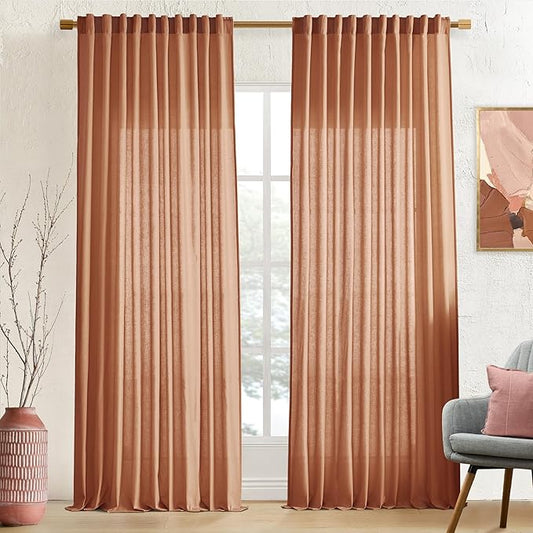 XTMYI 70 Inches Wide Terracotta Country Curtains for Living Room,Sheer Linen Curtains for Bedroom 96 Inches Long