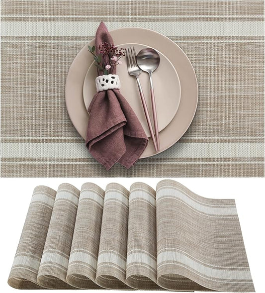 More Décor Dining Table Placemats, Washable Heat-Resistant PVC Vinyl Table Mats for Dining Room and Kitchen, Anti-Slip - Set of 4 - Horizontal Striped White- Beige