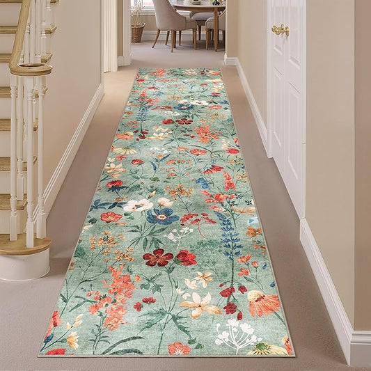Floral Runner Rug 2x10 Washable Hallway Long Green Bedroom Carpet Non Slip Indoor Boho Kitchen Low Pile Accent Rug Lightweight Soft for Bathroom Dining Laundry Living Room