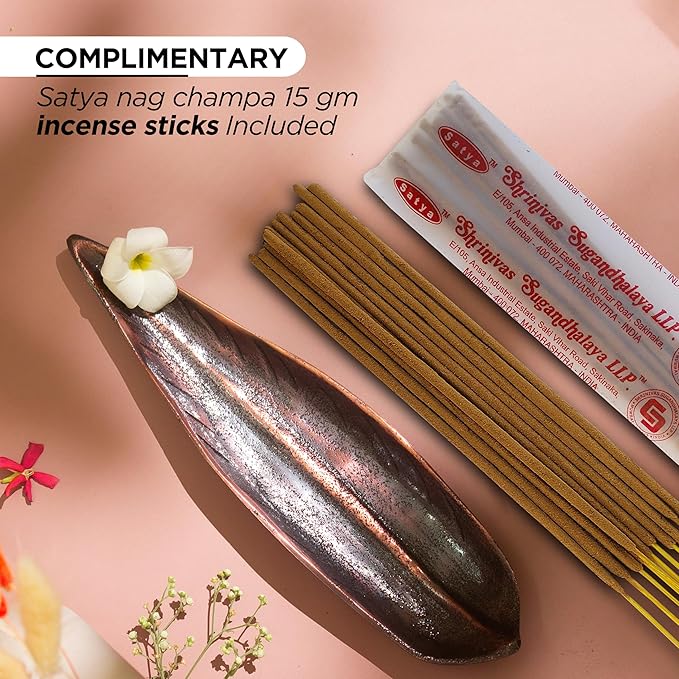 Raajsee Incense Holder Set with Nag Champa Incense Sticks 15gm,Curve Leaf Incense Stick Burner, Brass Incense Burner,Modern Stick Incense Holder for Yoga, Meditation,Home Décor Size 10x3 inches Copper