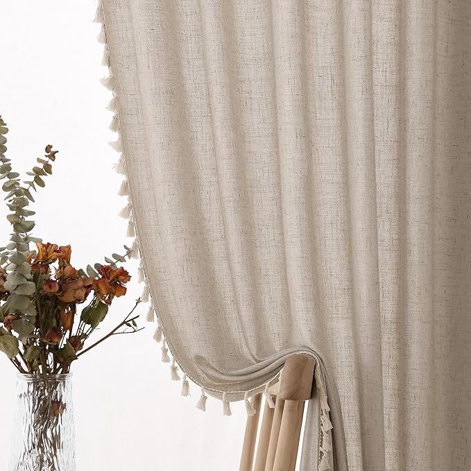 Apricot Boho Curtains 96 Inches Long 2 Pannels for Bedroom Linen Blend Textured Semi Sheer Light Filtering Pivacy Window Curtains Back Tab Rustic Farmhouse Curtain for Living Room 38x96