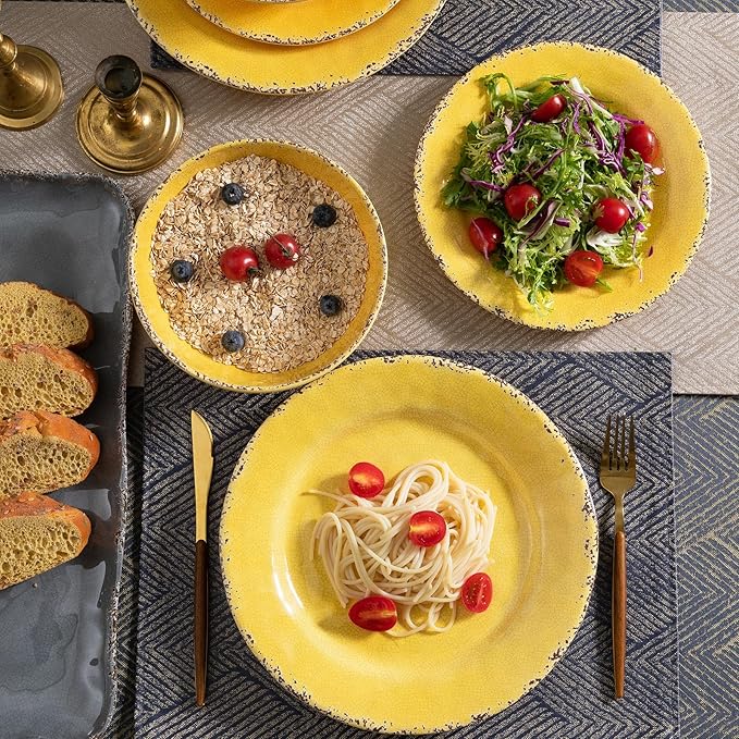 12-Piece Rustic Melamine Dinnerware Set With Dinner Plate, Salad Plate And Large Capacity All Purpose Bowls,Service for 4, Indoor And Outdoor Use, Yellow