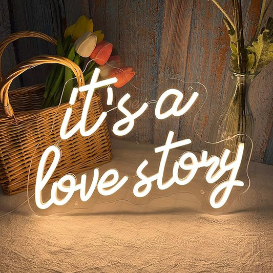 Its a Love Story Neon Sign, white USB Led Light Up Signs for Bedroom Aesthetic Birthday Wedding Party Gift Boyfriend Girlfriend Lover Women Men Room Bathroom Decoration Gift, 15.7 x 11.8 Inch