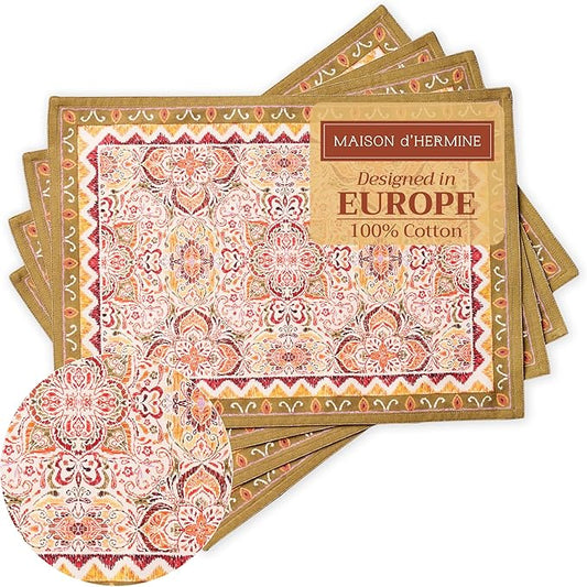Maison d' Hermine Placemats Set of 4 100% Cotton Washable Cloth Place Mats, Reusable Table Mats for Kitchen Dining Decoration, Party, Wedding, Restaurant (Damask, 13" x 19")