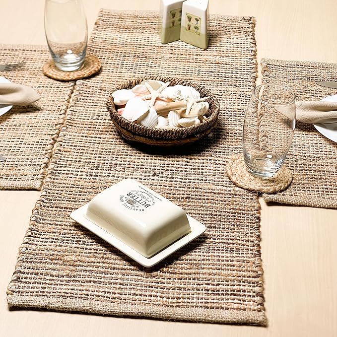 Chardin Home Natural Jute Table Runner 13x48 Inch – Vintage Boho Rustic Table Decor – Handwoven Jute Table Runner in Natural and Brown – Farmhouse Dining or Console Table Accent